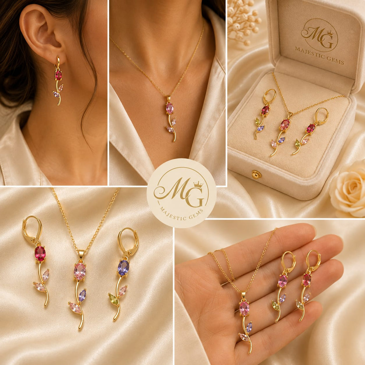 Gold Plated Tulip Set with Multicolor Zirconia Stones