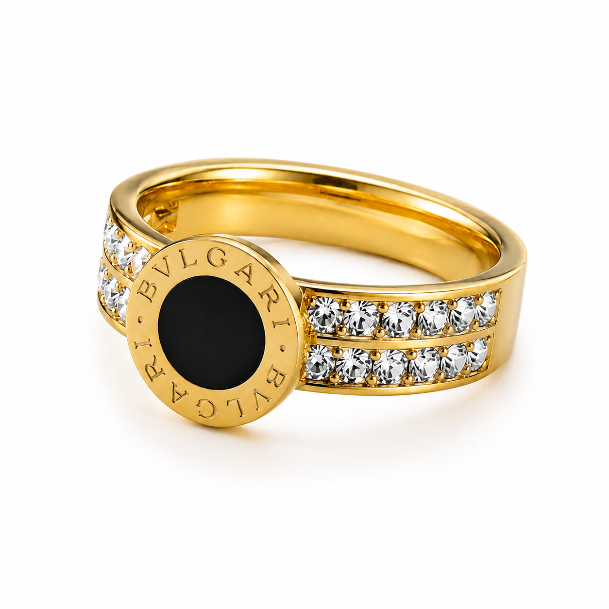 Gold Plated Stainless Steel Blask Round Stone Ring with CZ (Cubic Zirconia Stones)