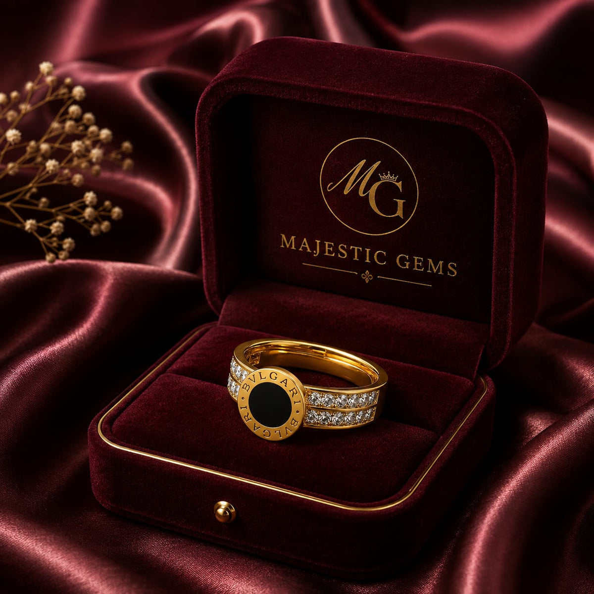 Gold Plated Stainless Steel Blask Round Stone Ring with CZ (Cubic Zirconia Stones)