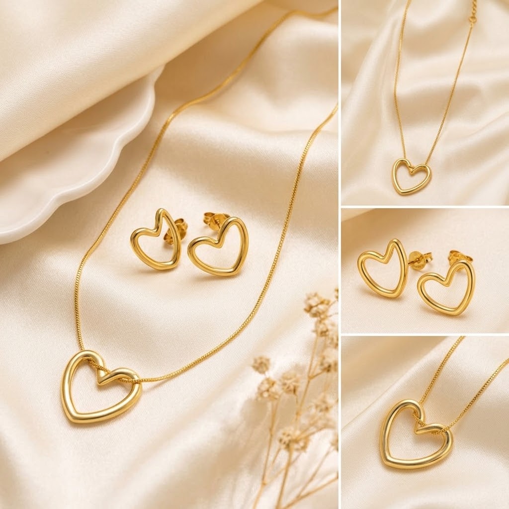 Open heart stainless steel with gold plating jewelry set