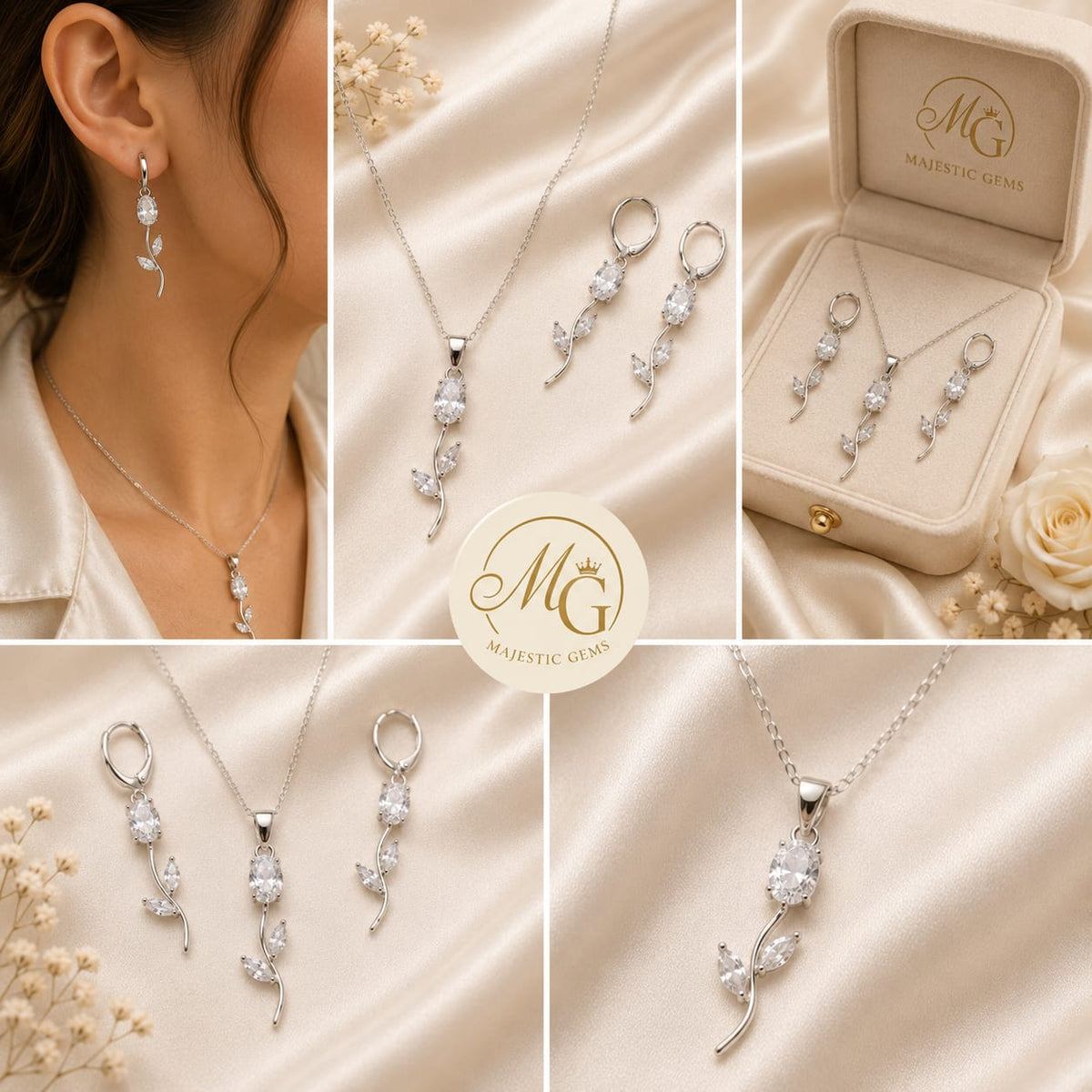 Tulip jewelry set with CZ(cubic zirconia) silver stones