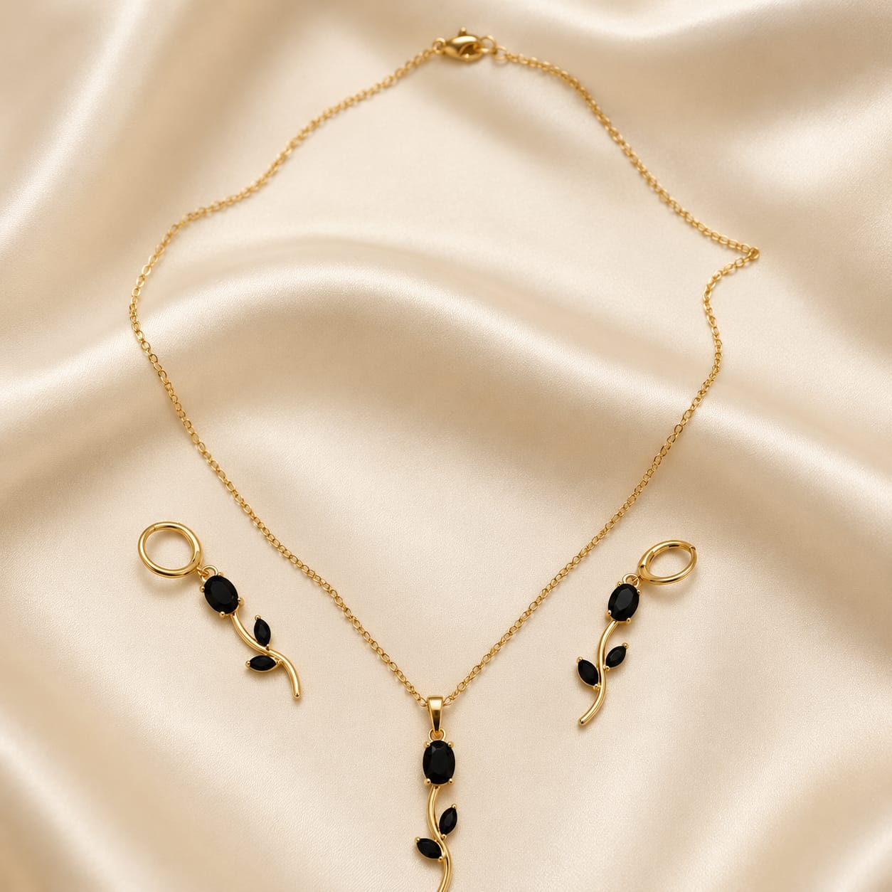 Tulip Jewelry Set Black CZ Gold-Plated Necklace & Earrings