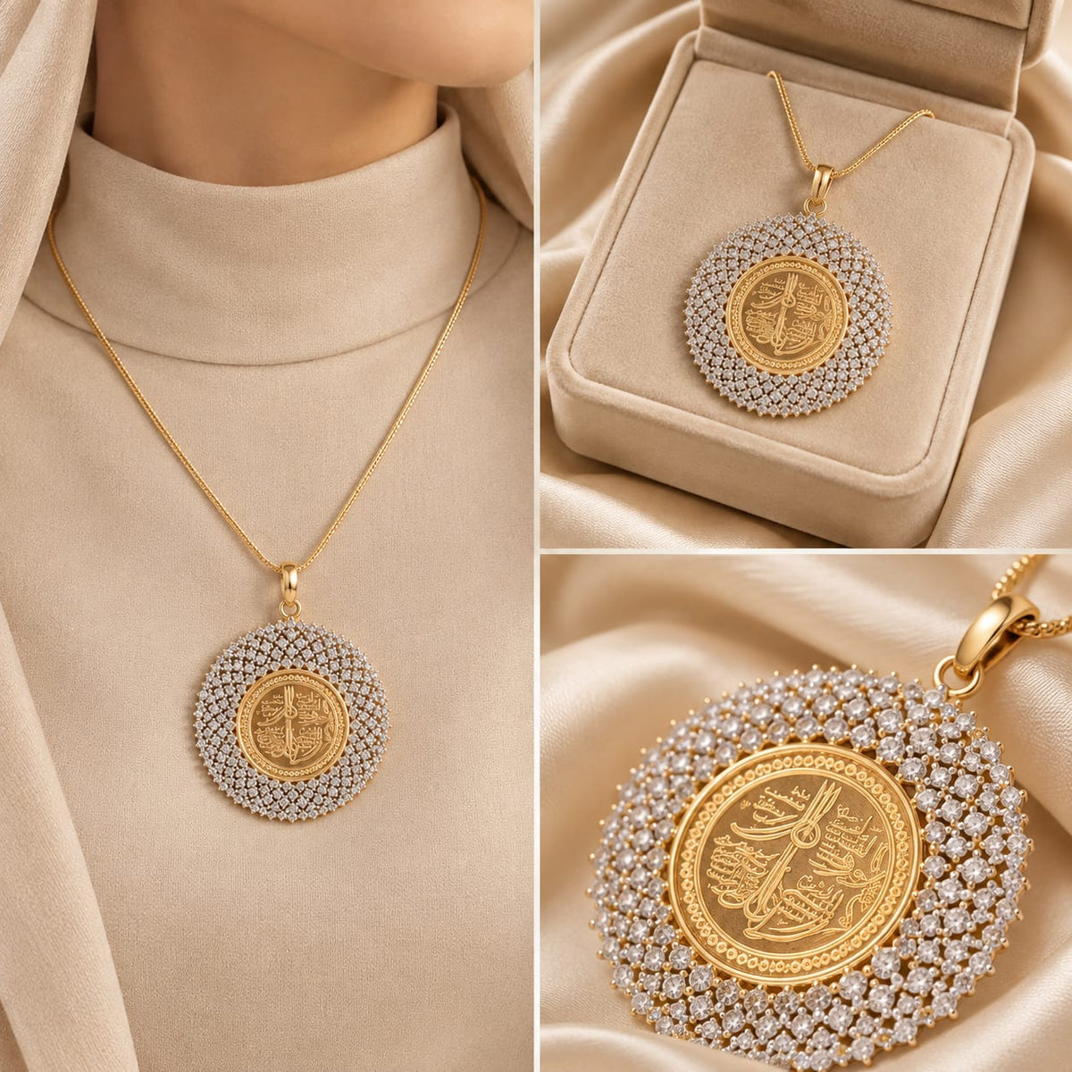 4 Qul Medallion Necklace Gold Plated CZ Halo