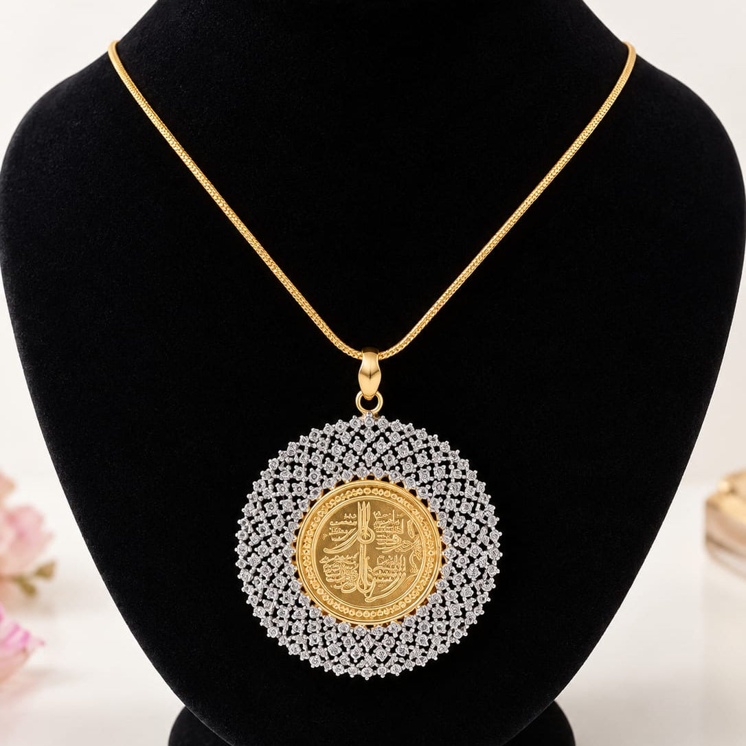 4 Qul Medallion Necklace Gold Plated CZ Halo