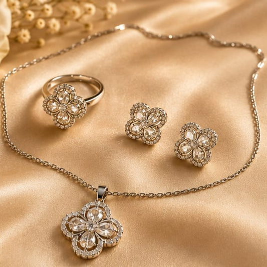 Clover flower inspired silver plated stainless steel with CZ(cubic zirconia) stones