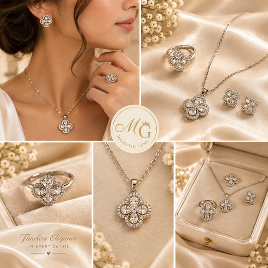 Clover flower inspired silver plated stainless steel with CZ(cubic zirconia) stones