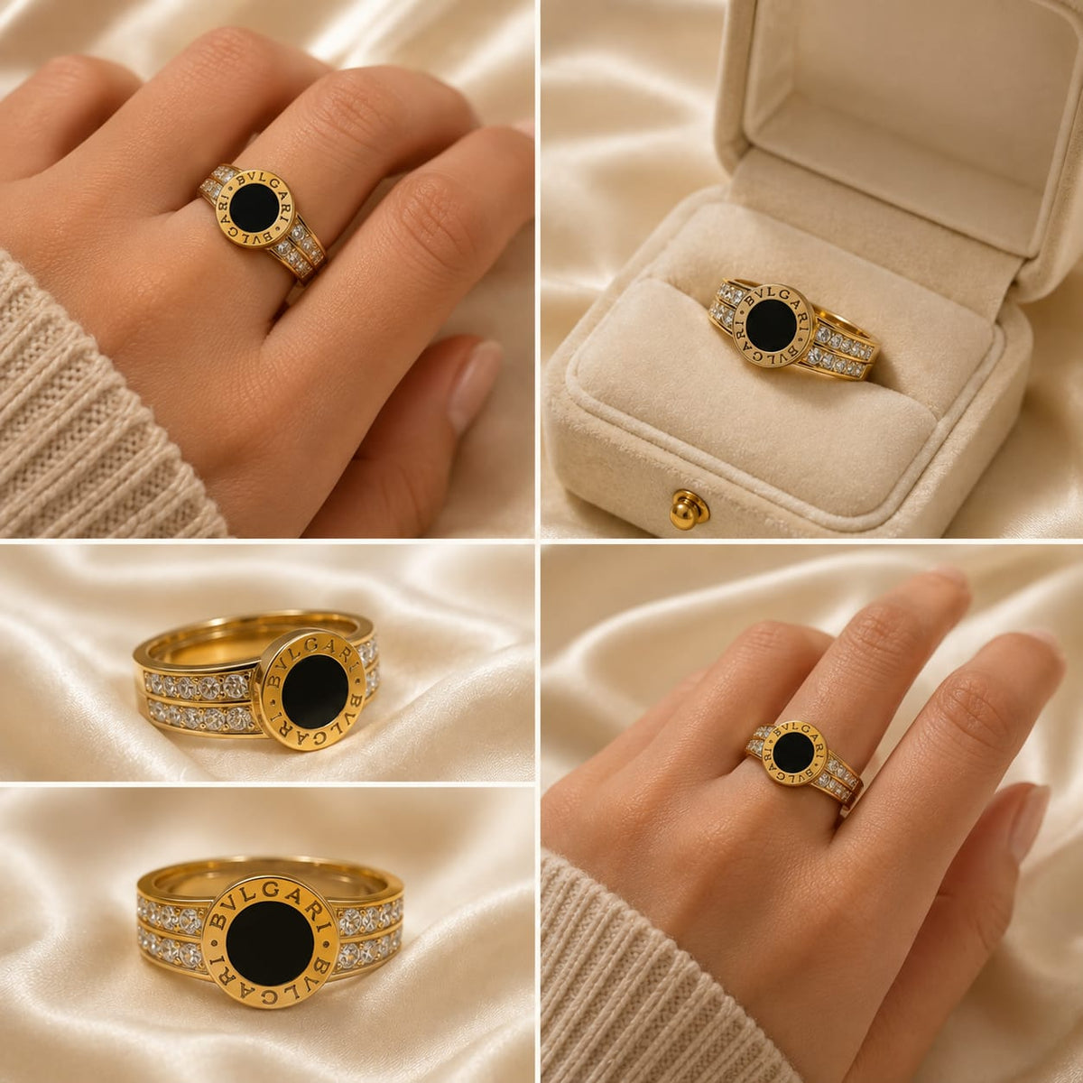Gold Plated Stainless Steel Blask Round Stone Ring with CZ (Cubic Zirconia Stones)