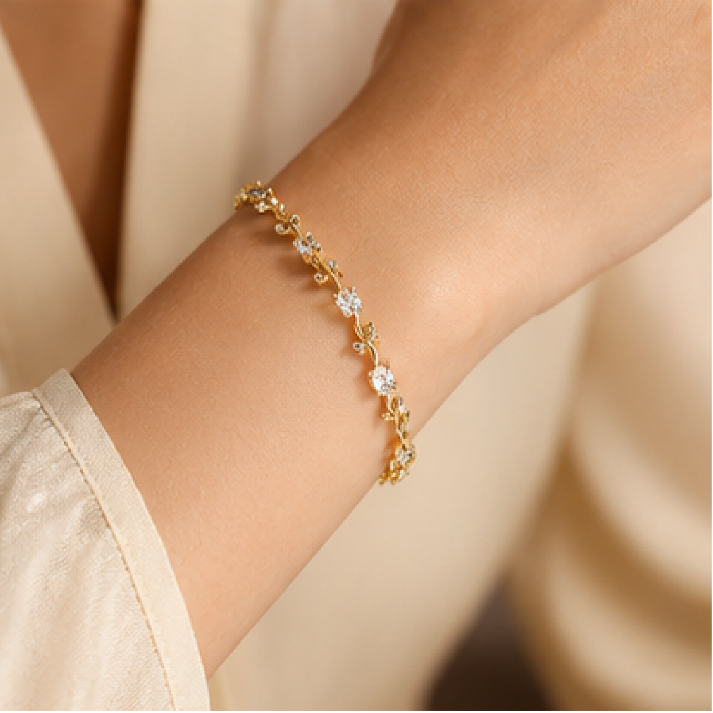 Gold plated stainless steel tulip bracelet with silver CZ stones