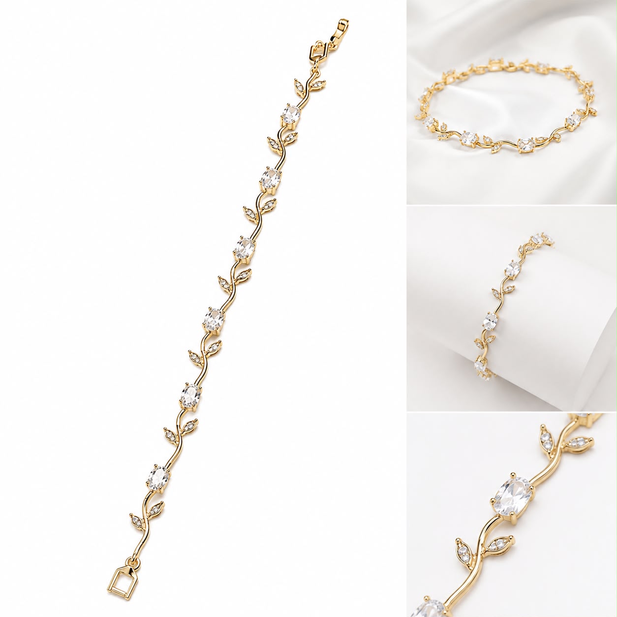 Gold plated stainless steel tulip bracelet with silver CZ stones