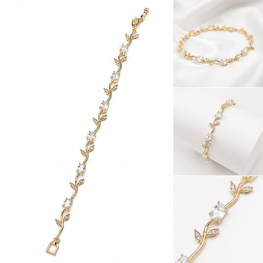 Gold plated stainless steel tulip bracelet with silver CZ stones