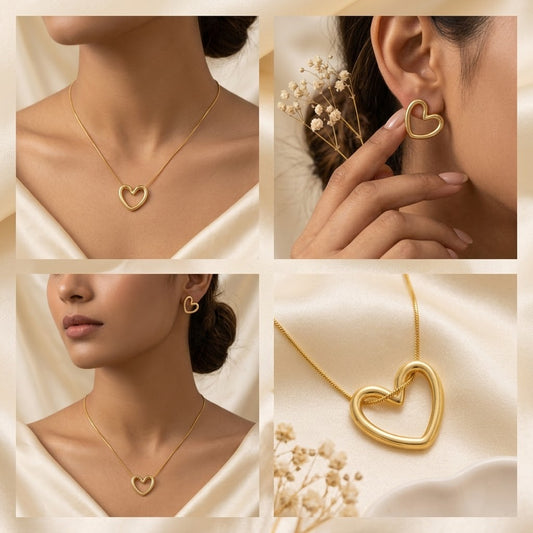 Open heart stainless steel with gold plating jewelry set