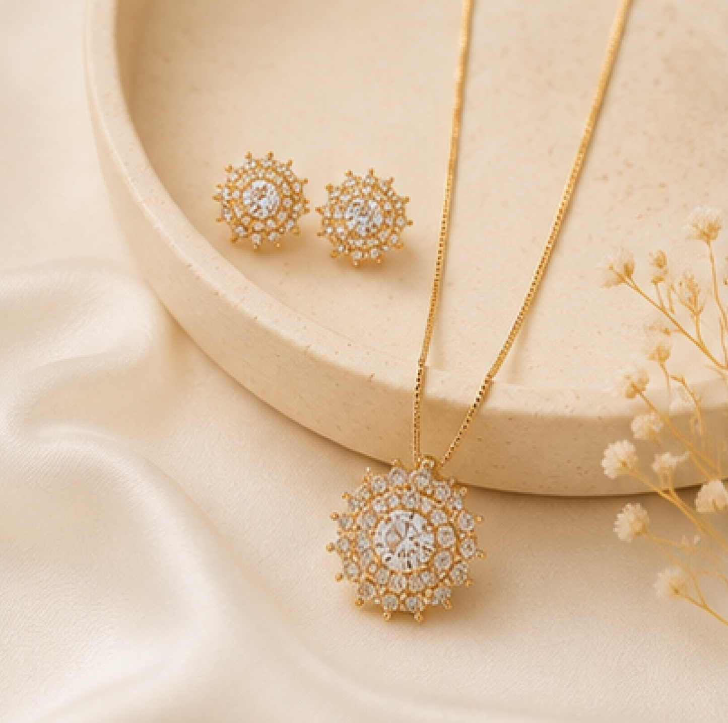 Rose Gold CZ Sunburst Sterling Silver with Gold Plating