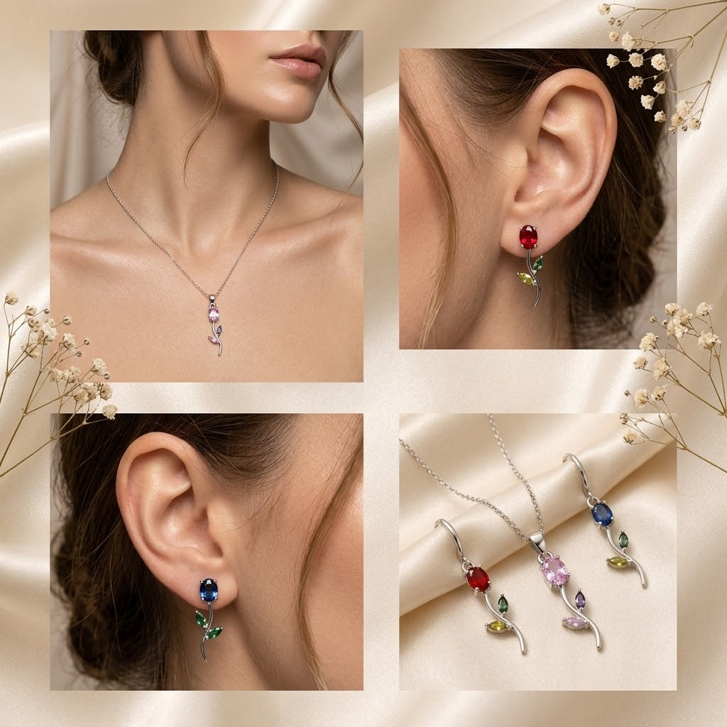 Multicolor Tulip CZ Silver-Plated Jewelry Set