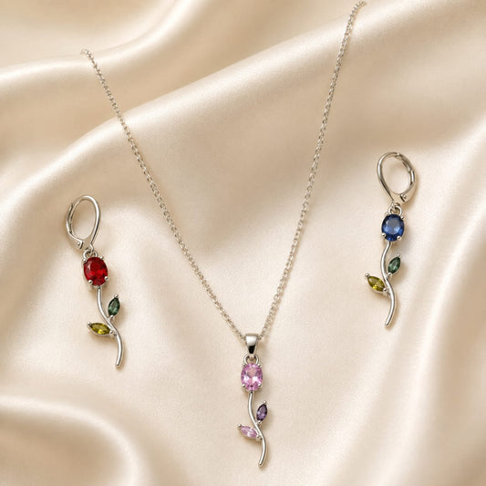 Multicolor Tulip CZ Silver-Plated Jewelry Set