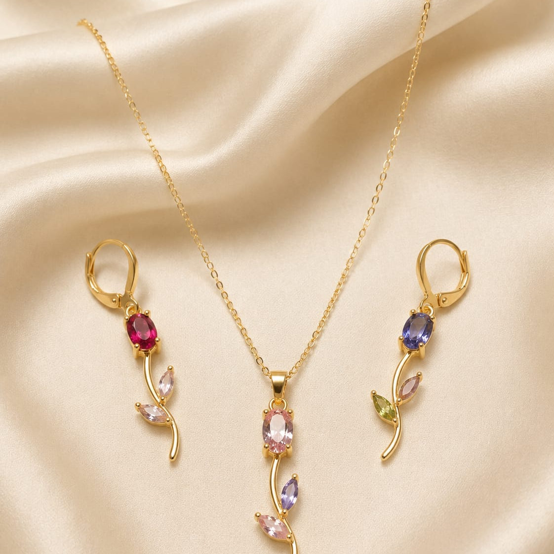 Gold Plated Tulip Set with Multicolor Zirconia Stones