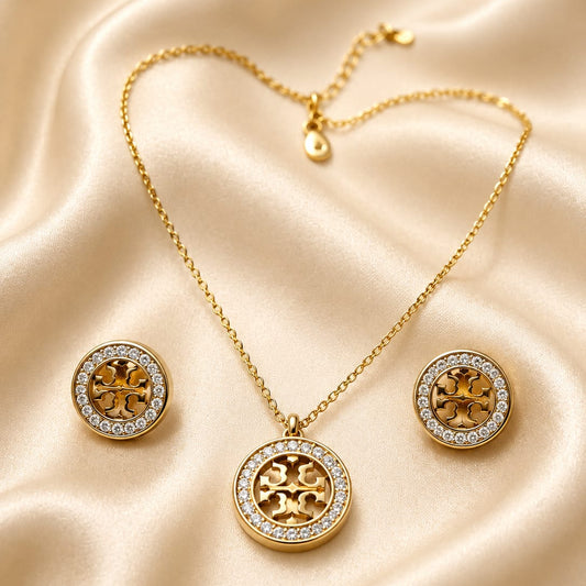 Miller-Inspired CZ Logo Necklace & Earrings Set