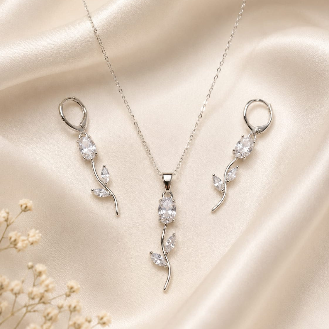 Tulip jewelry set with CZ(cubic zirconia) silver stones