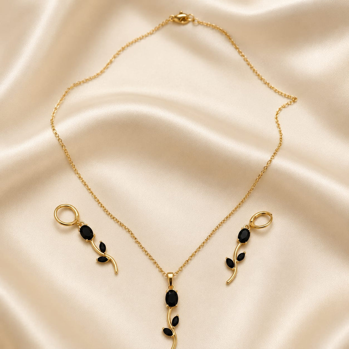 Tulip Jewelry Set Black CZ Gold-Plated Necklace & Earrings