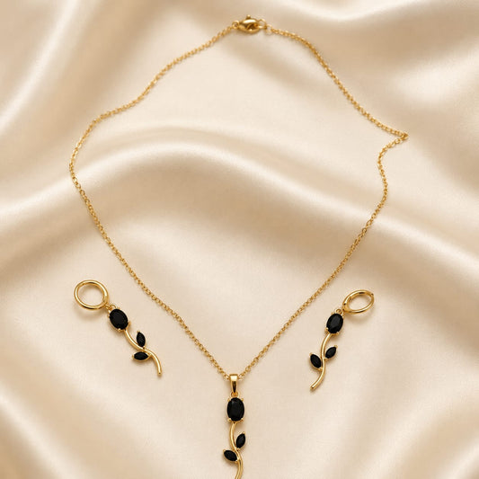 Tulip Jewelry Set Black CZ Gold-Plated Necklace & Earrings