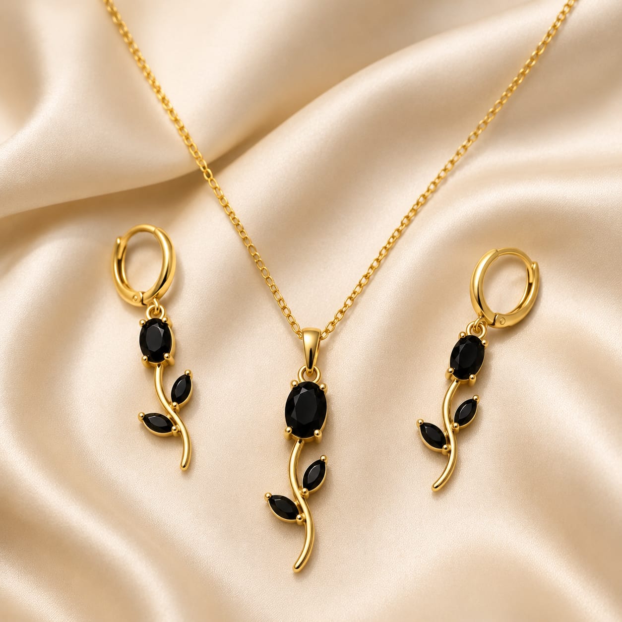 Tulip Jewelry Set Black CZ Gold-Plated Necklace & Earrings